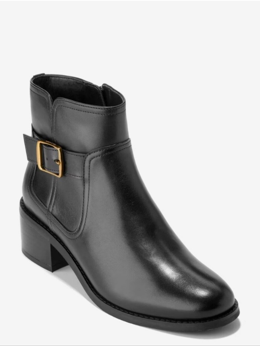 Cole Haan Women's Black Leather Ankle Boot with Gold Buckle Size 9